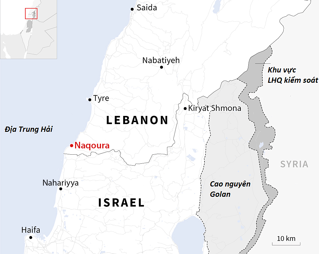 map-2566-1728750611 Vị trí khu vực biên giới Israel - Lebanon và thành phố Naqoura. Đồ họa: AFP
