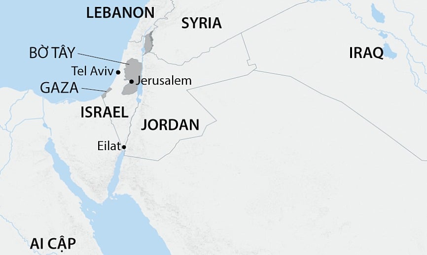 vi-tri-tel-aviv-gaza-6464-1728290318 Vị trí Dải Gaza và Tel Aviv. Đồ họa: AFP