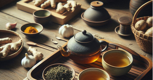 Ăn uống kiểu này làm tăng nguy cơ mắc ung thư 1 with a tray holding tea leaves a teapot and two teacups next to it is a small basket with garlic ginger and turmeric 1728876 0 0 640 1024 crop 1728876230494923250180